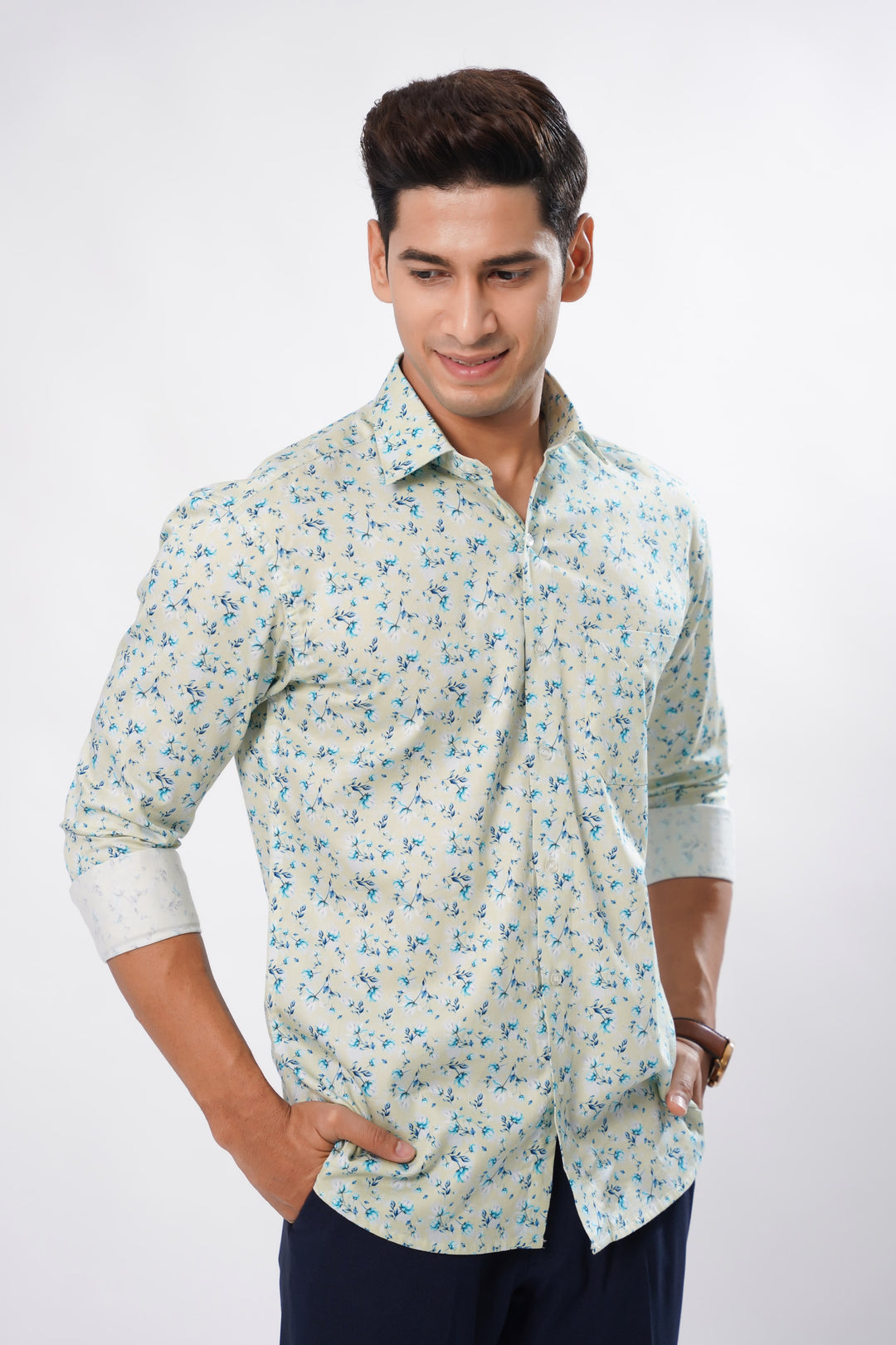 Grey & Blue Orchid Print Cotton Shirt for men, photo 4