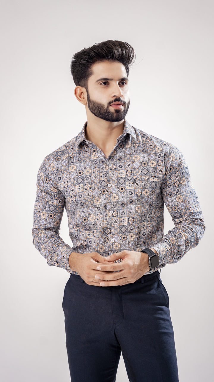 Grey Square Print Cotton Shirt for men – ROYALTAIL