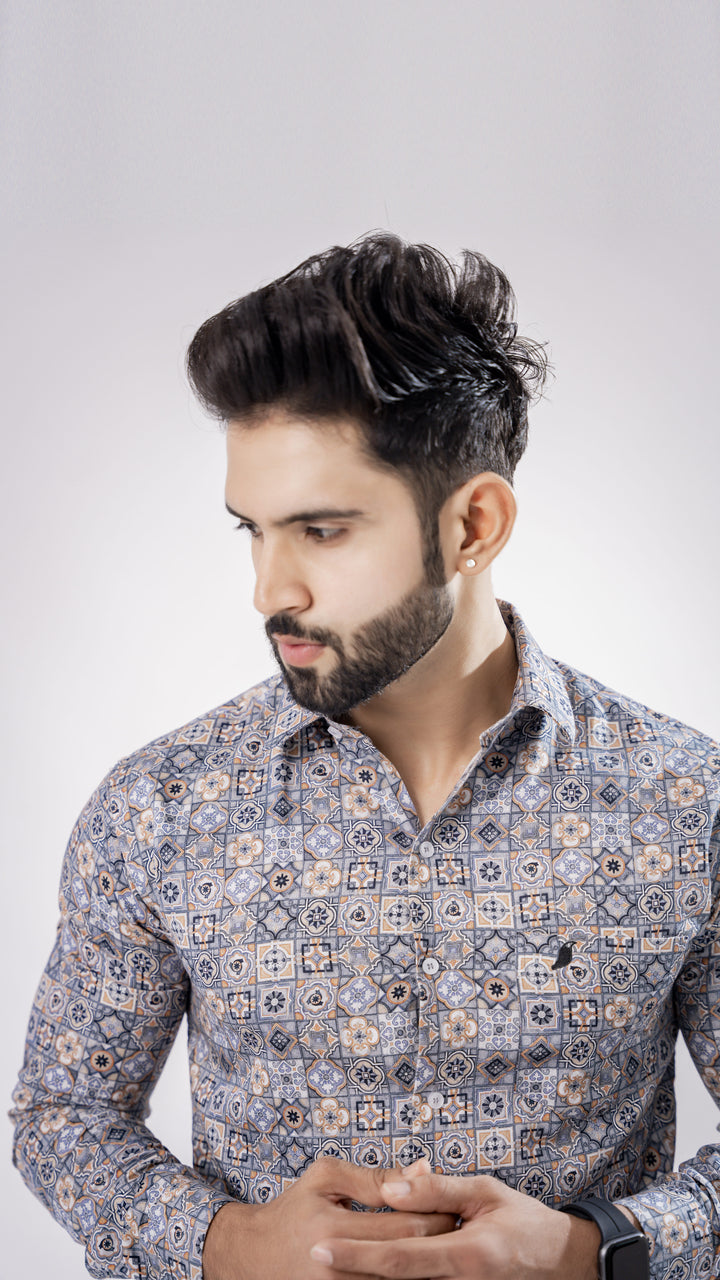 Men's Grey Square Print Cotton Shirt