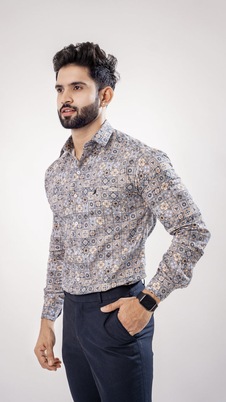 Grey Square Print Cotton Shirt by ROYALTAIL