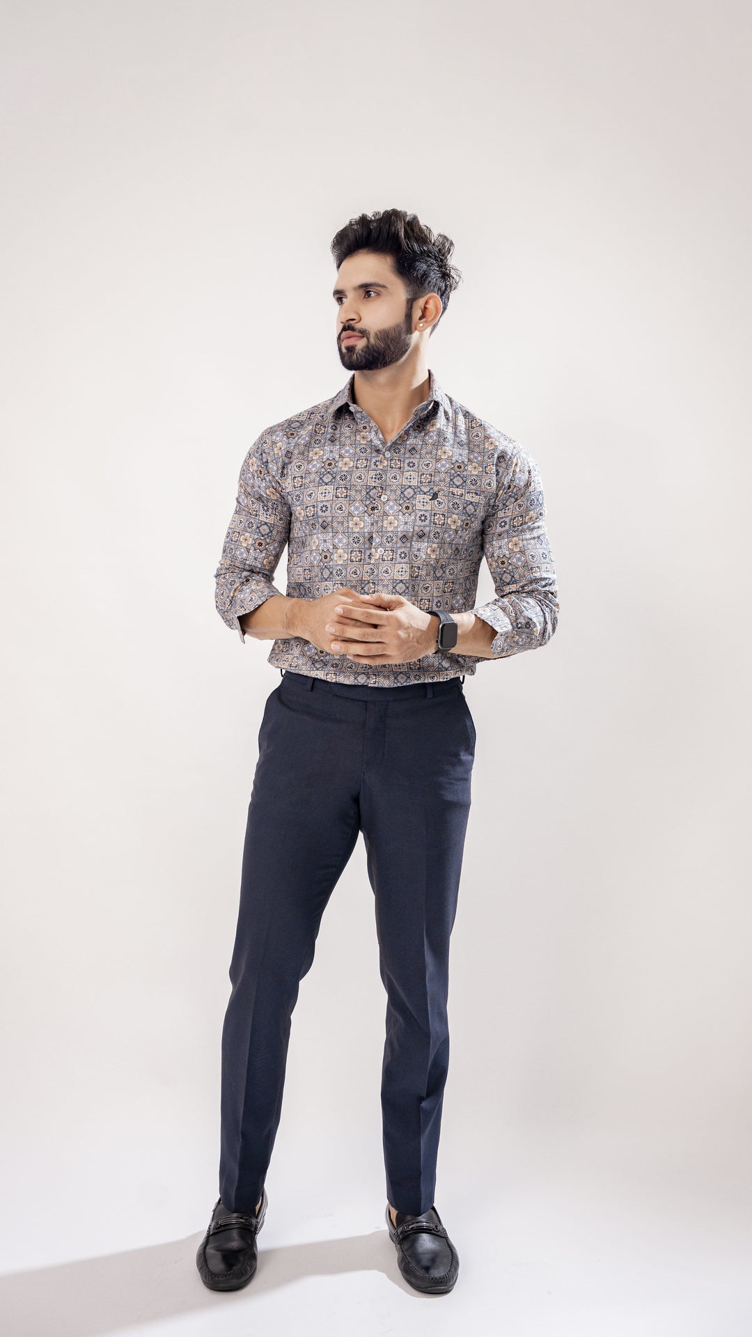 Grey Square Print Cotton Shirt for men, photo 4