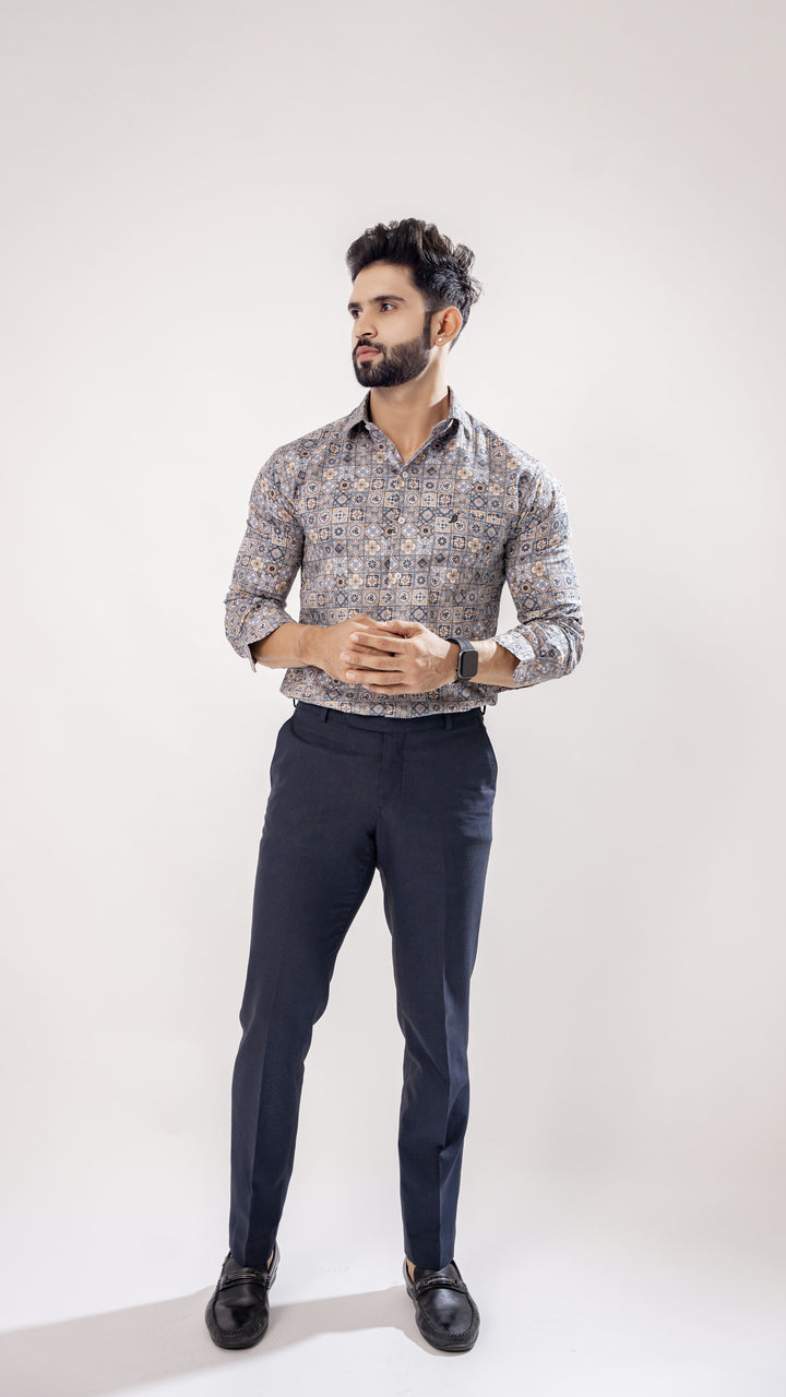 Grey Square Print Cotton Shirt for men, photo 4