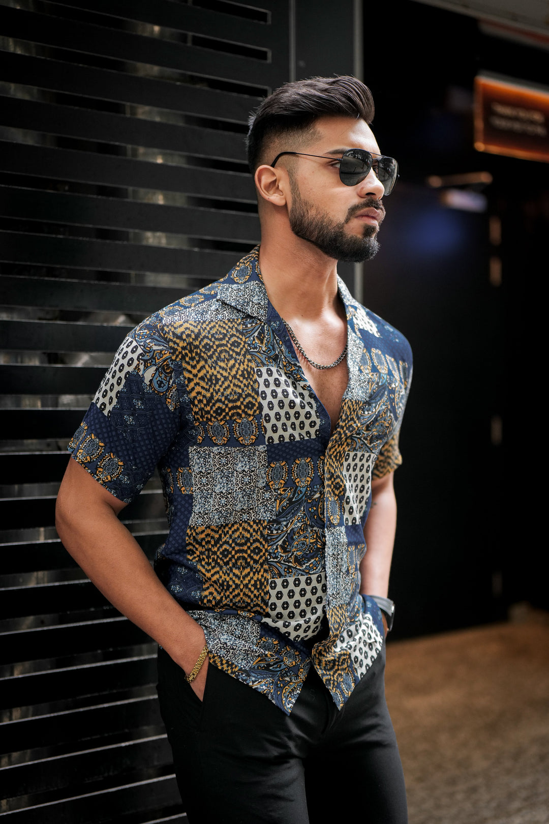 Navy Aztec Print Cuban Collar Shirt for men – ROYALTAIL