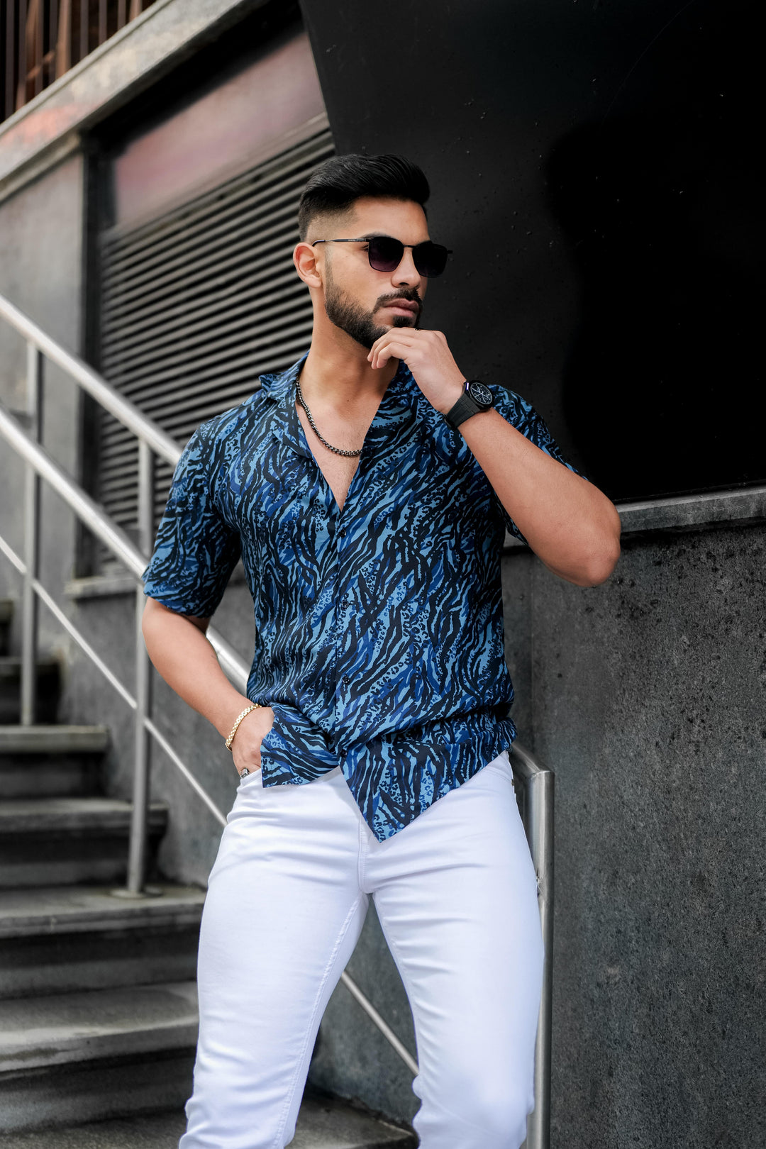 Navy Blue Abstract Rayon Cuban Collar Shirt for men – ROYALTAIL