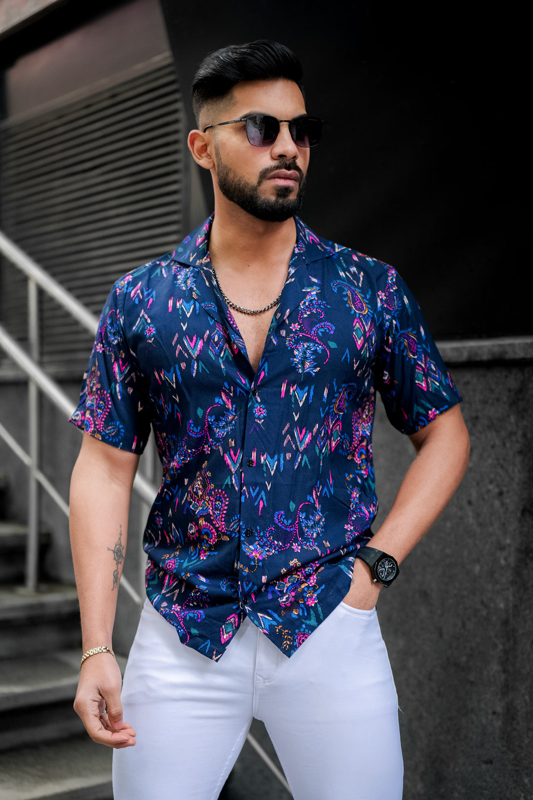 Navy Blue Print Rayon Cuban Collar Shirt for men – ROYALTAIL