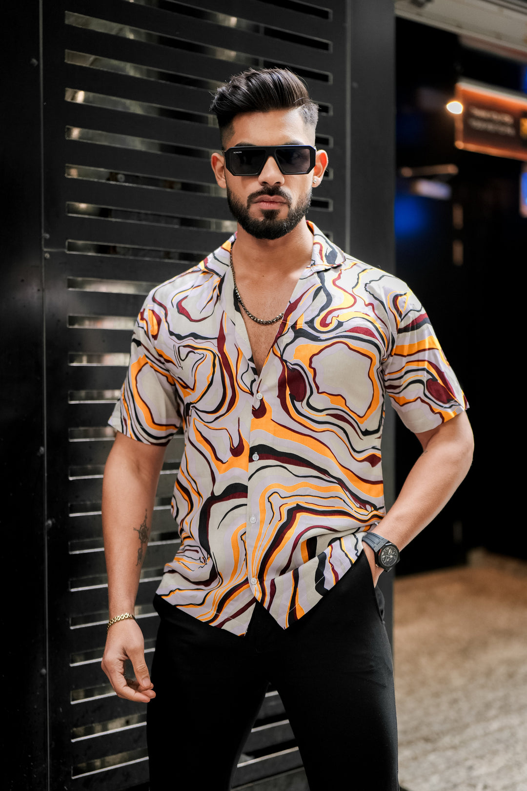 Orange & Brown Abstract Rayon Cuban Collar Shirt for men – ROYALTAIL