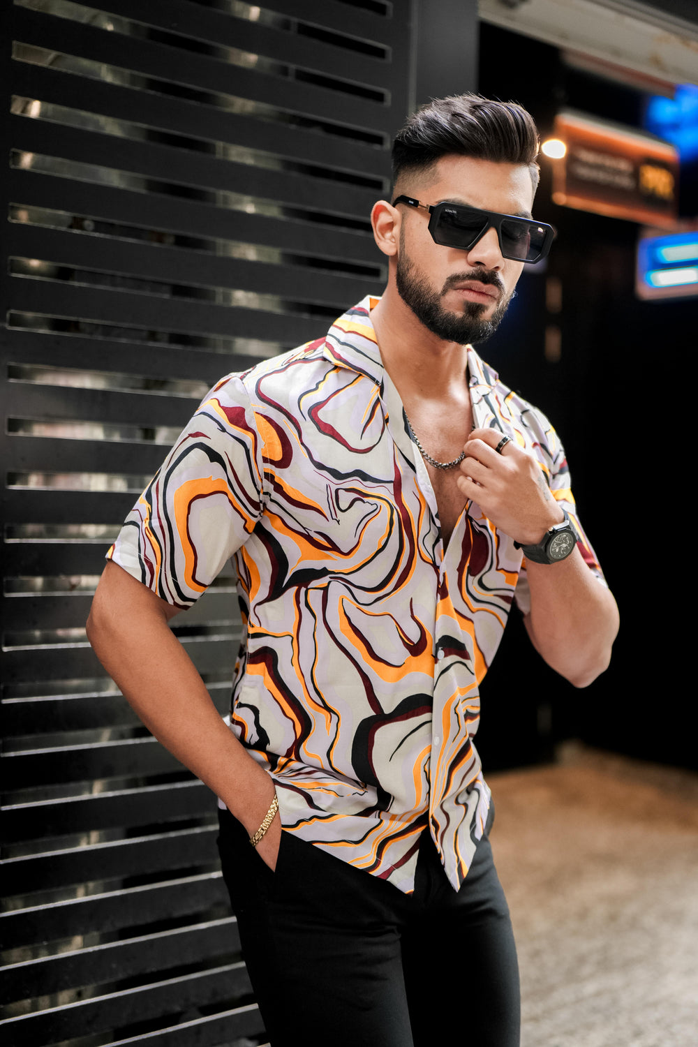 Men's Orange & Brown Abstract Rayon Cuban Collar Shirt
