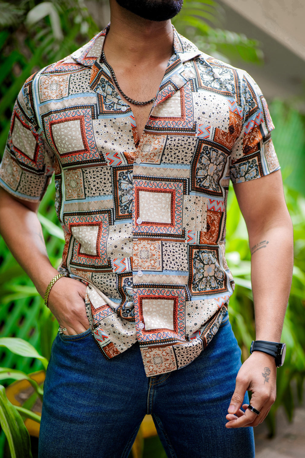 Men's Orange & Grey Arrow Print Cuban Collar Shirt