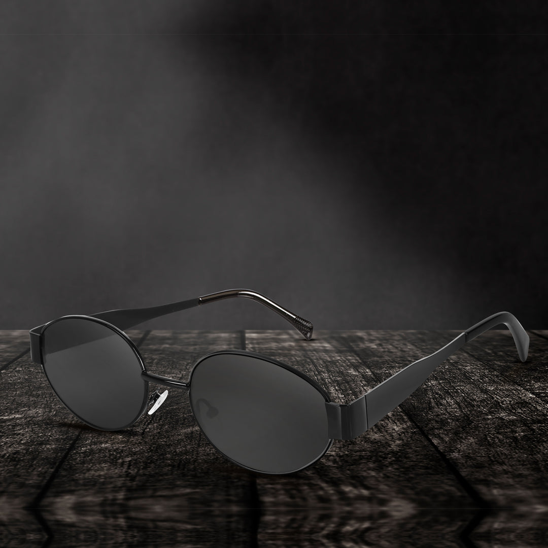 Oval Shape Sunglasses for Men & Women | Black Frame & Black Glass