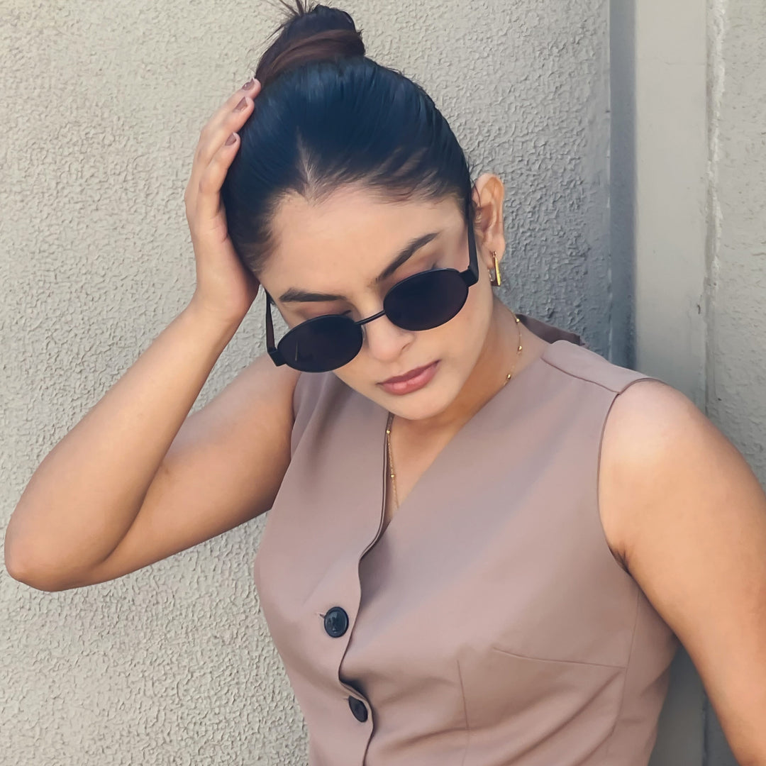 Oval Shape Sunglasses for Men & Women | Black Frame & Black Glass