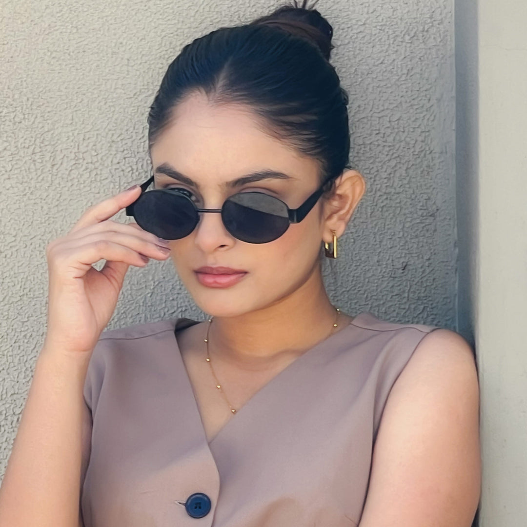 Oval Shape Sunglasses for Men & Women | Black Frame & Black Glass