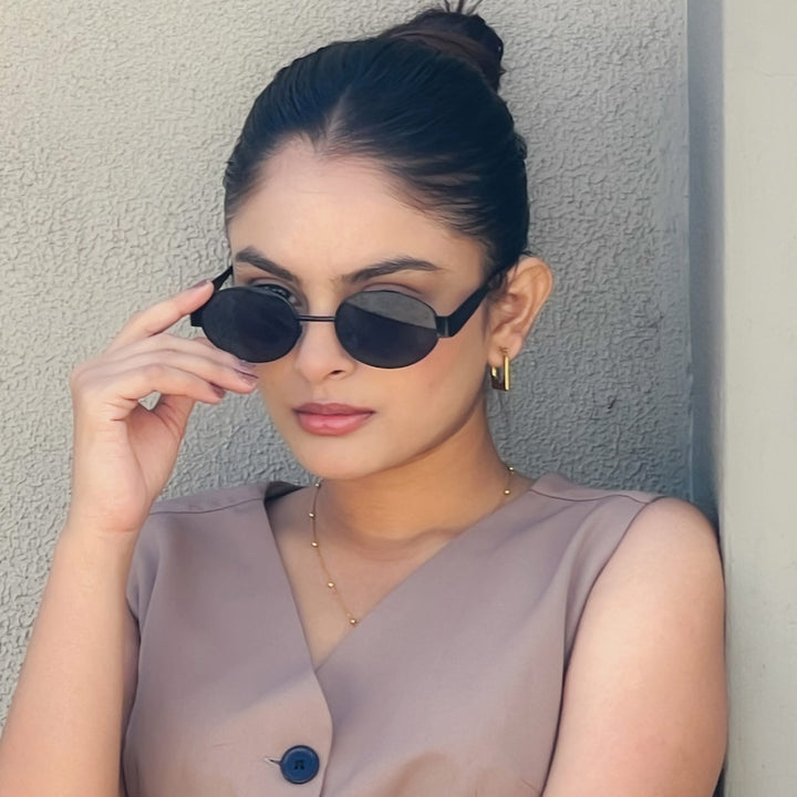 Oval Shape Sunglasses for Men & Women | Black Frame & Black Glass