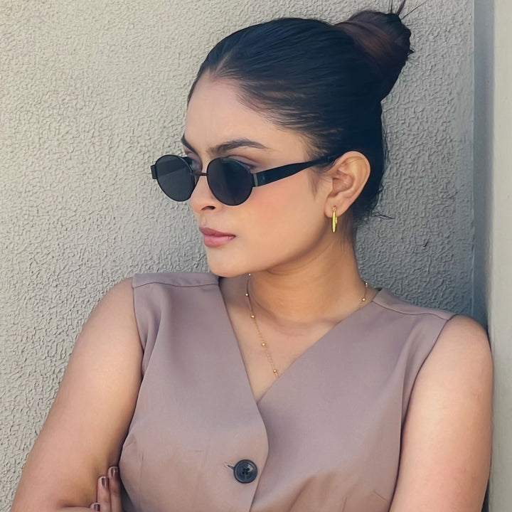 Oval Shape Sunglasses for Men & Women | Black Frame & Black Glass