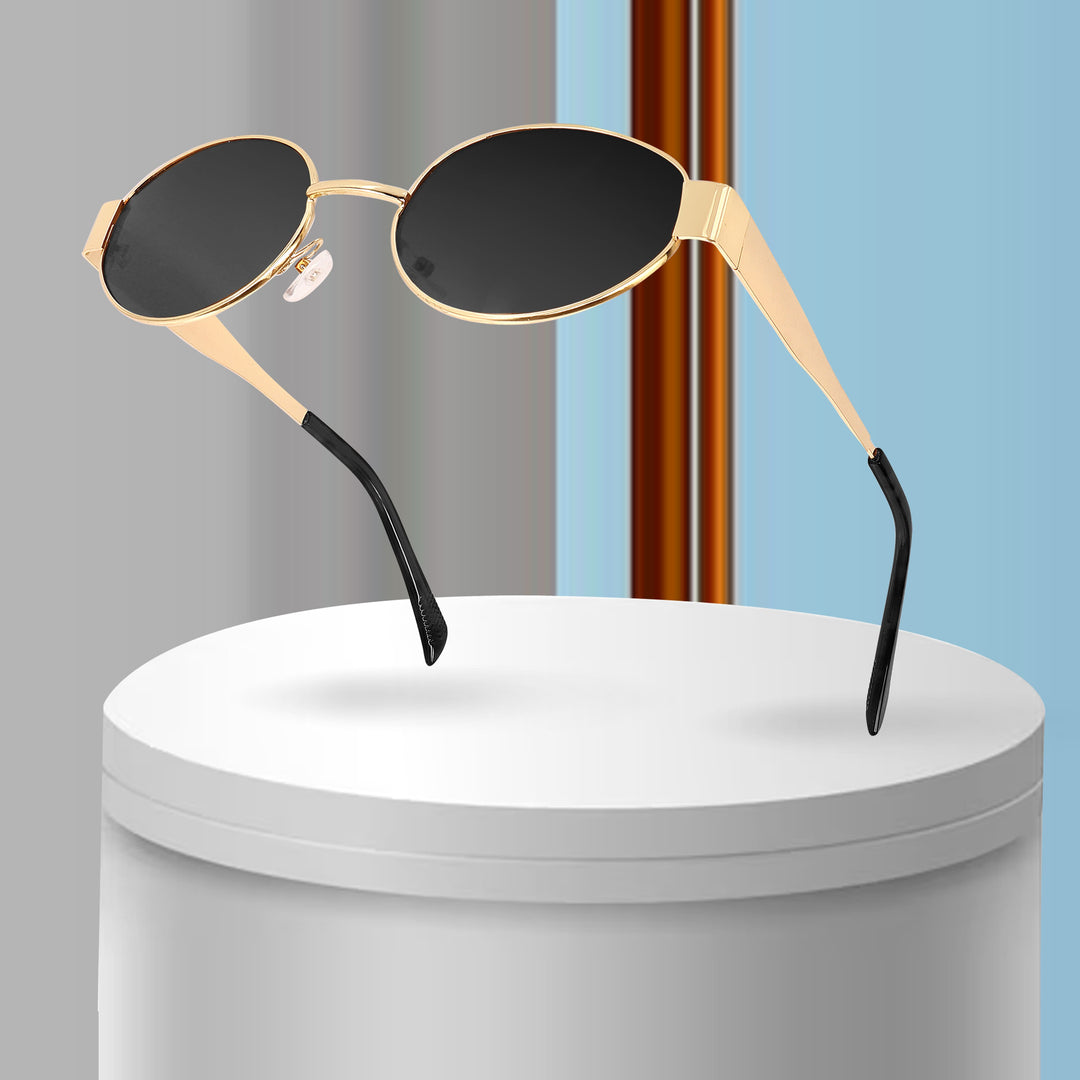 Oval Shape Sunglasses for Men & Women | Golden Frame & Black Glass