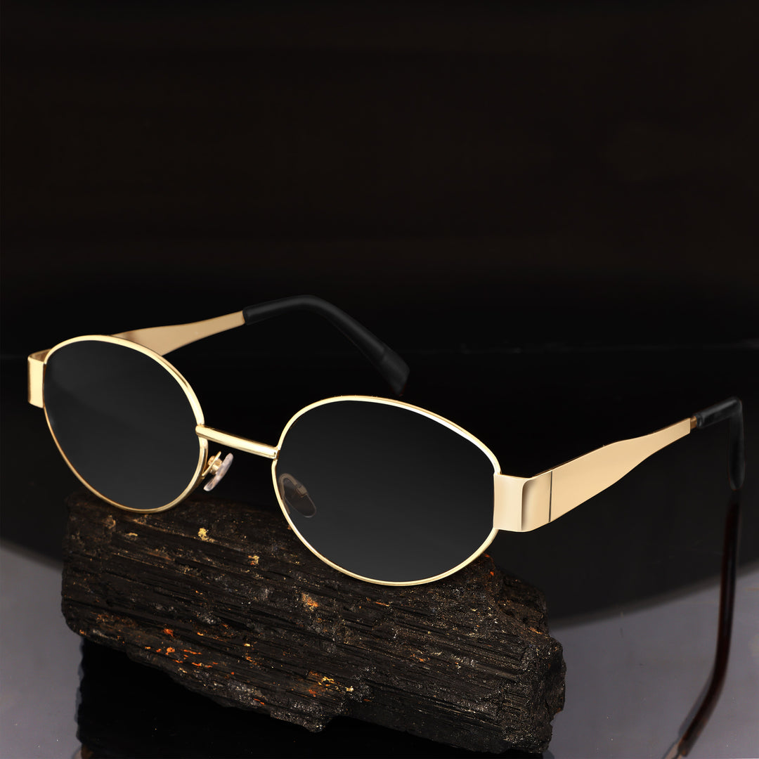 Oval Shape Sunglasses for Men & Women | Golden Frame & Black Glass