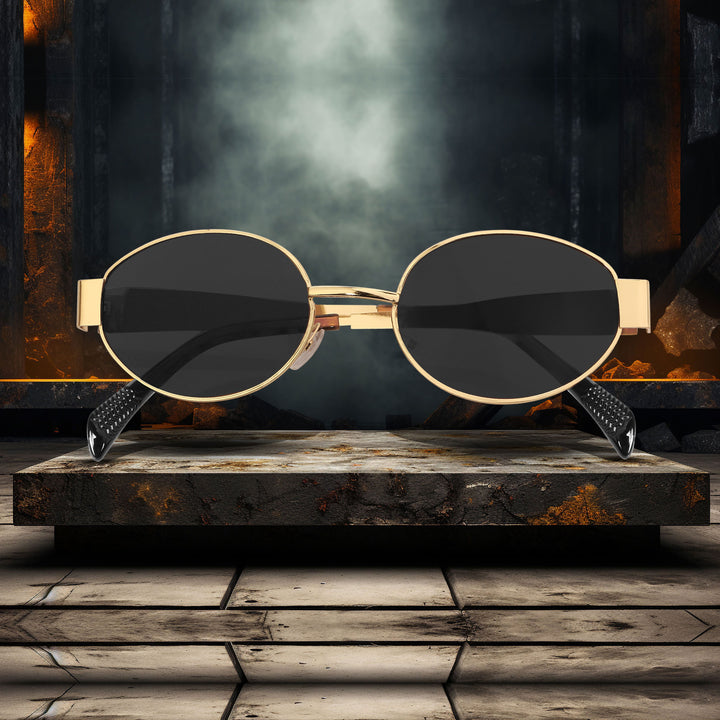 Oval Shape Sunglasses for Men & Women | Golden Frame & Black Glass