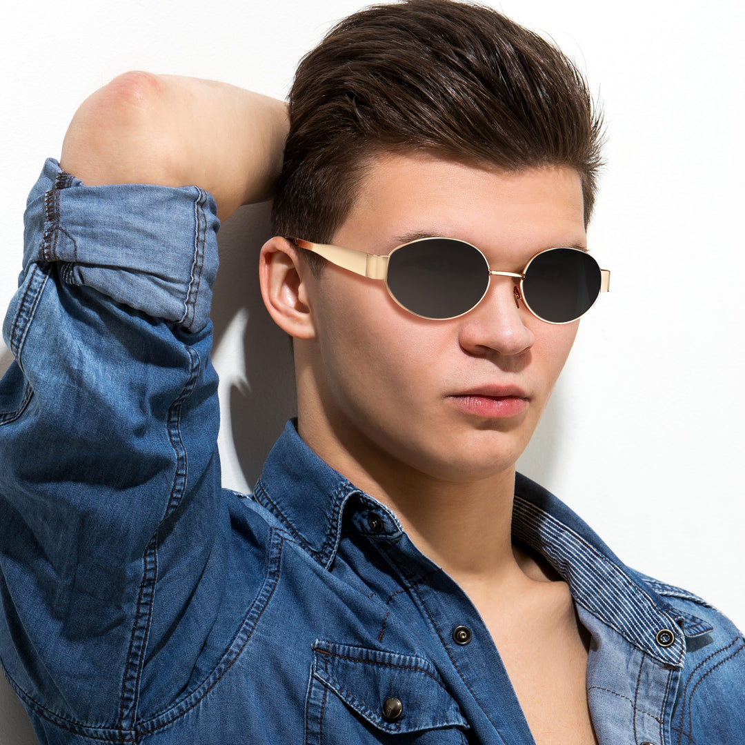 Oval Shape Sunglasses for Men & Women | Golden Frame & Black Glass