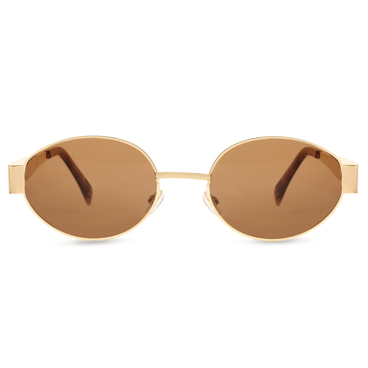 Oval Shape Sunglasses for Men & Women | Golden Frame & Brown Glass