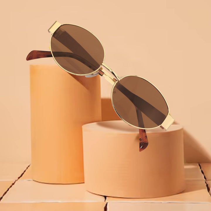 Oval Shape Sunglasses for Men & Women | Golden Frame & Brown Glass