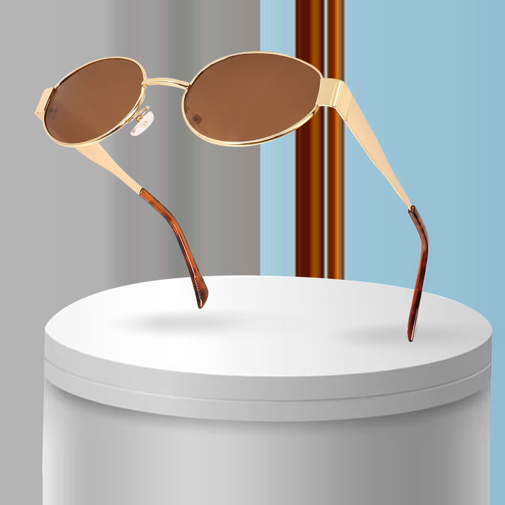 Oval Shape Sunglasses for Men & Women | Golden Frame & Brown Glass