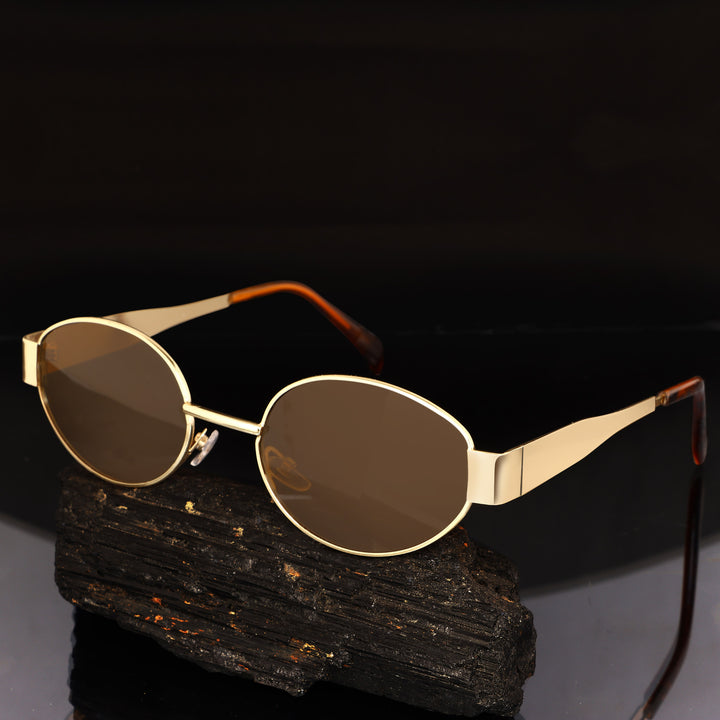 Oval Shape Sunglasses for Men & Women | Golden Frame & Brown Glass