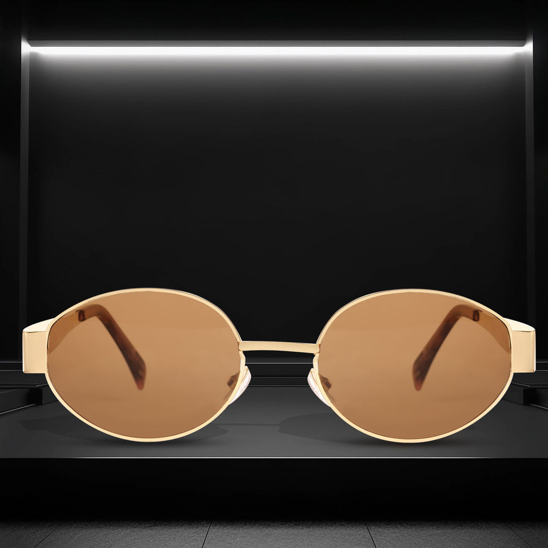 Oval Shape Sunglasses for Men & Women | Golden Frame & Brown Glass