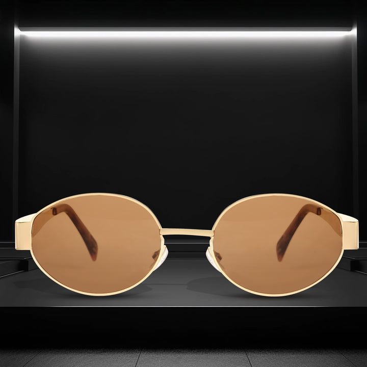 Oval Shape Sunglasses for Men & Women | Golden Frame & Brown Glass