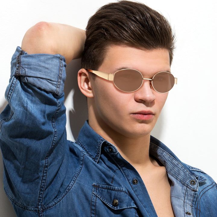 Oval Shape Sunglasses for Men & Women | Golden Frame & Brown Glass