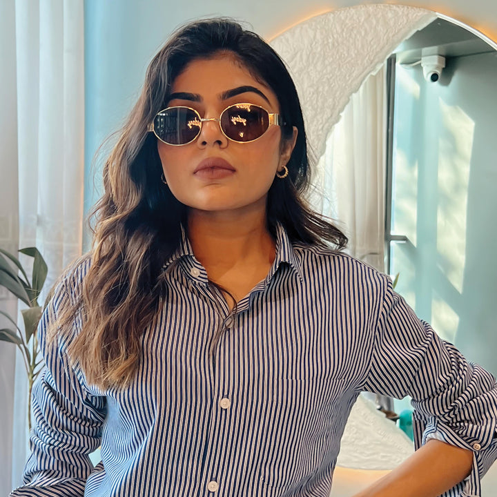 Oval Shape Sunglasses for Men & Women | Golden Frame & Brown Glass
