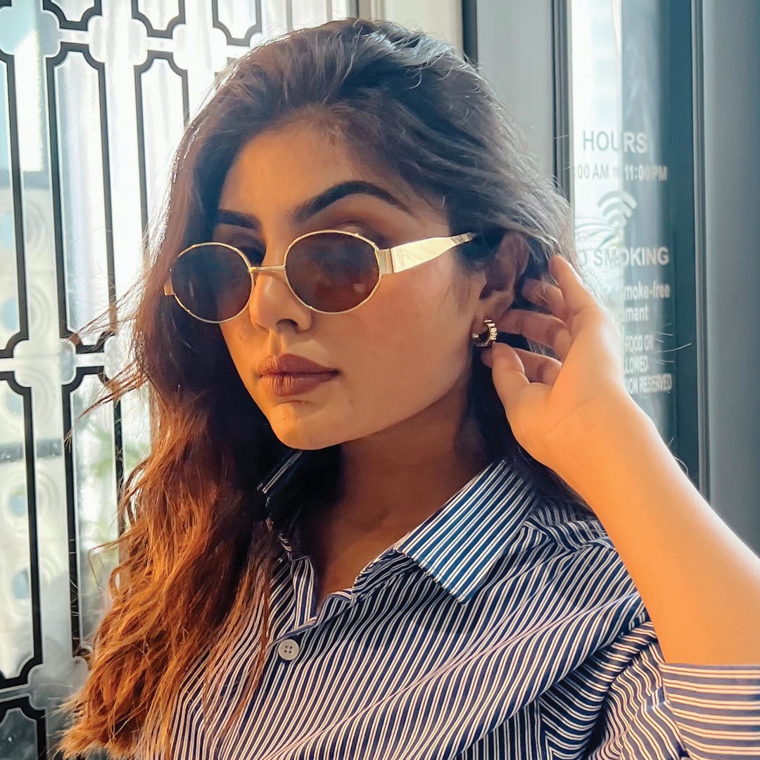 Oval Shape Sunglasses for Men & Women | Golden Frame & Brown Glass