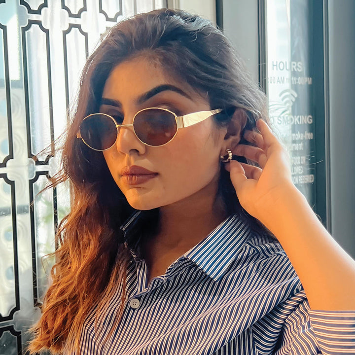 Oval Shape Sunglasses for Men & Women | Golden Frame & Brown Glass