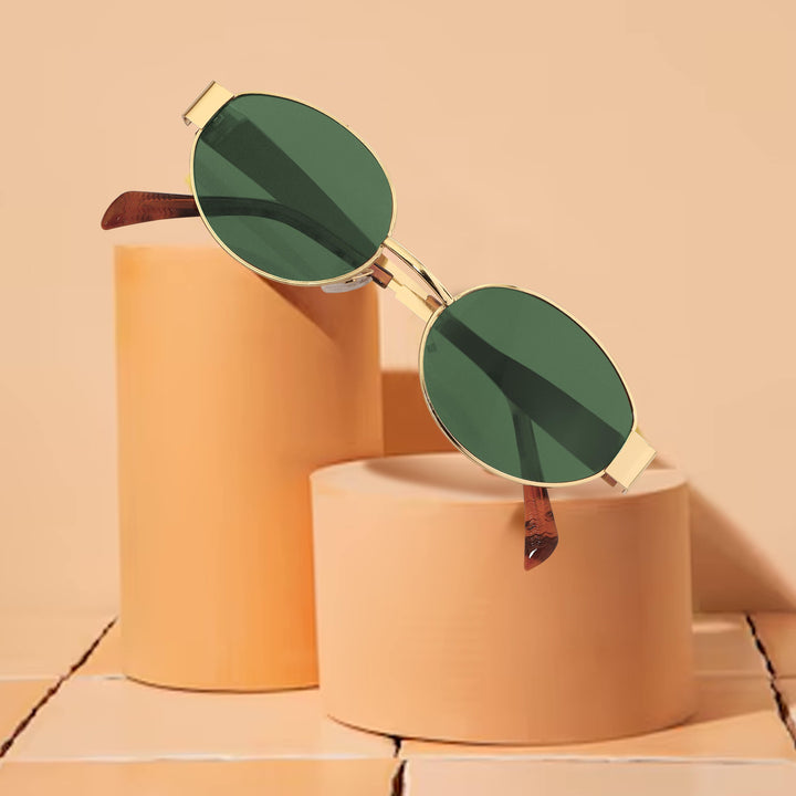 Oval Shape Sunglasses for Men & Women | Golden Frame & Green Glass