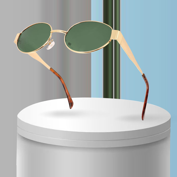Oval Shape Sunglasses for Men & Women | Golden Frame & Green Glass