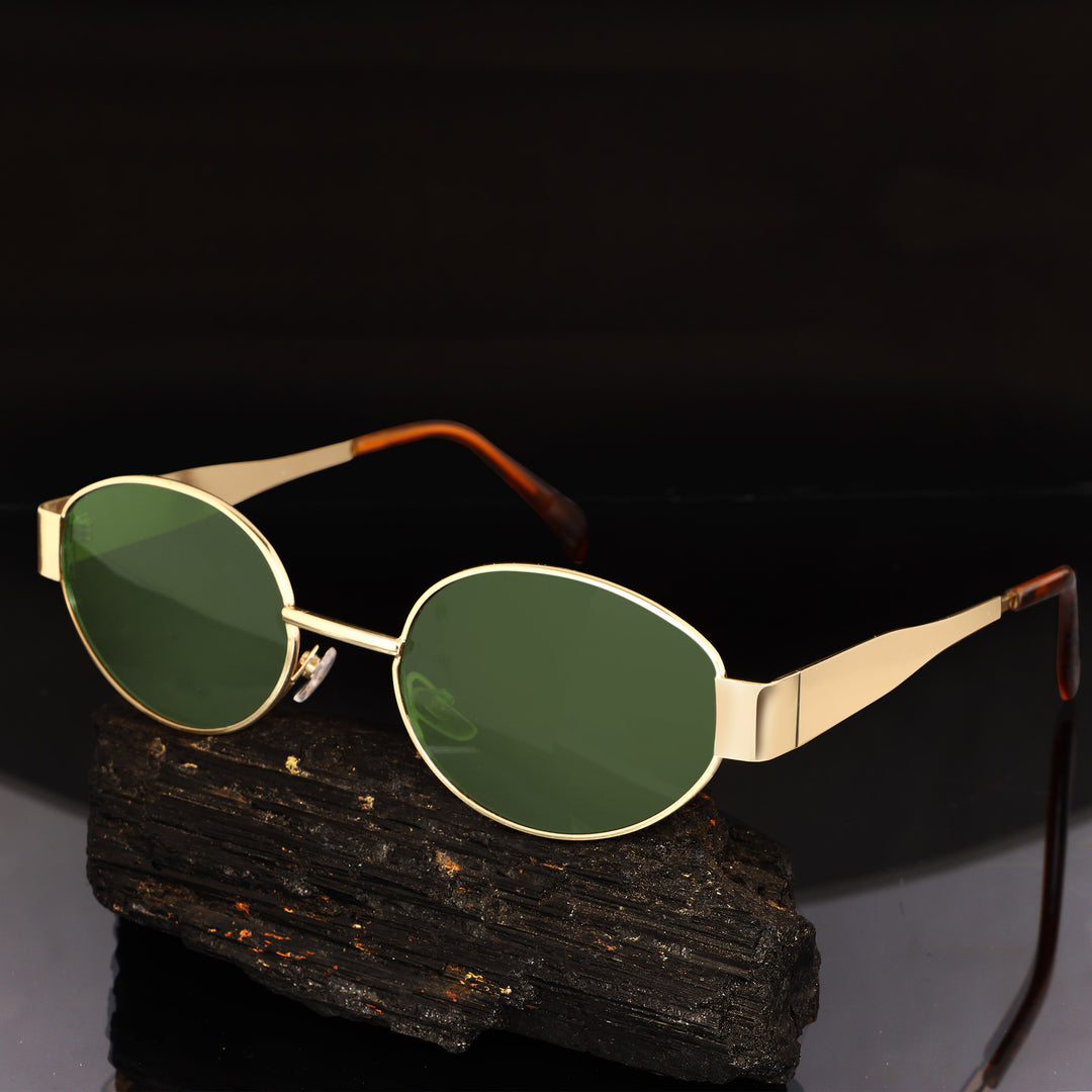Oval Shape Sunglasses for Men & Women | Golden Frame & Green Glass