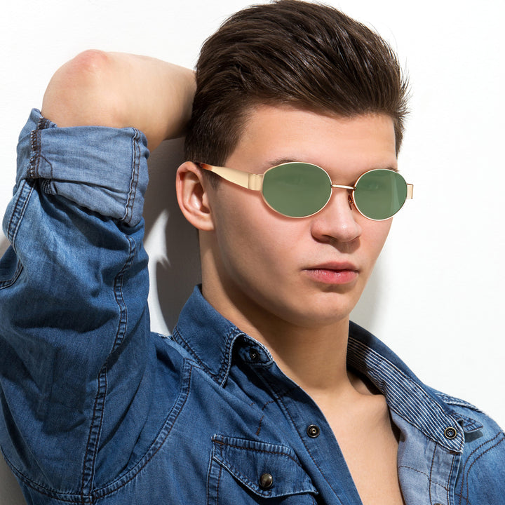 Oval Shape Sunglasses for Men & Women | Golden Frame & Green Glass