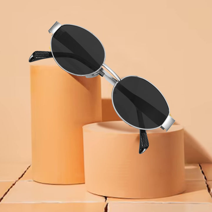 Oval Shape Sunglasses for Men & Women | Silver Frame & Black Glass