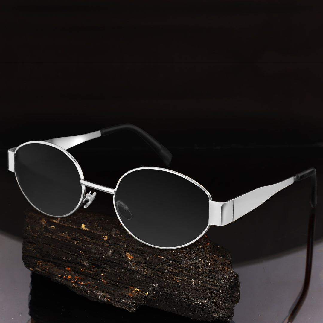 Oval Shape Sunglasses for Men & Women | Silver Frame & Black Glass