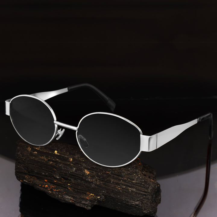 Oval Shape Sunglasses for Men & Women | Silver Frame & Black Glass