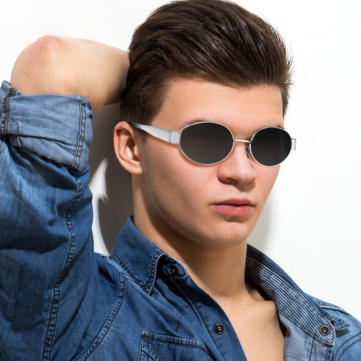 Oval Shape Sunglasses for Men & Women | Silver Frame & Black Glass