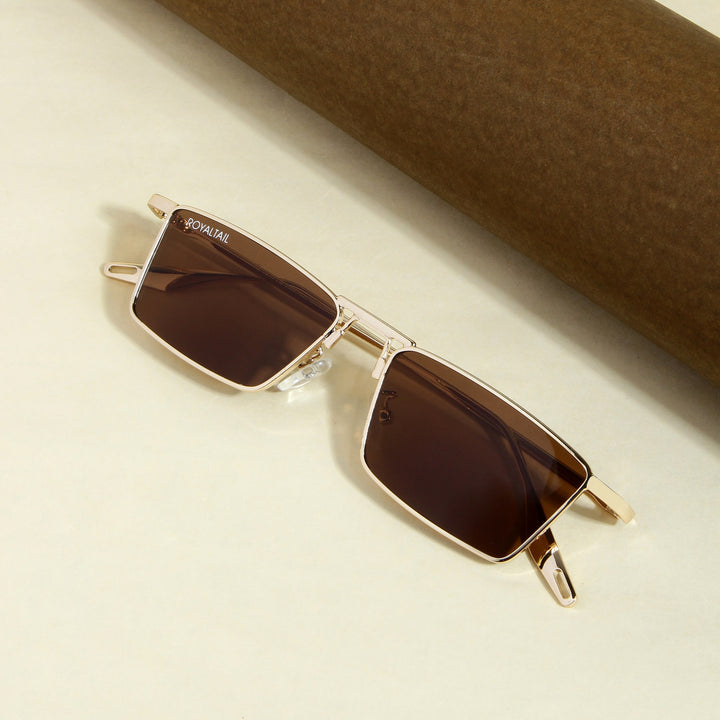 Blitz Gold Brown Rectangle Sunglasses For Men & Women