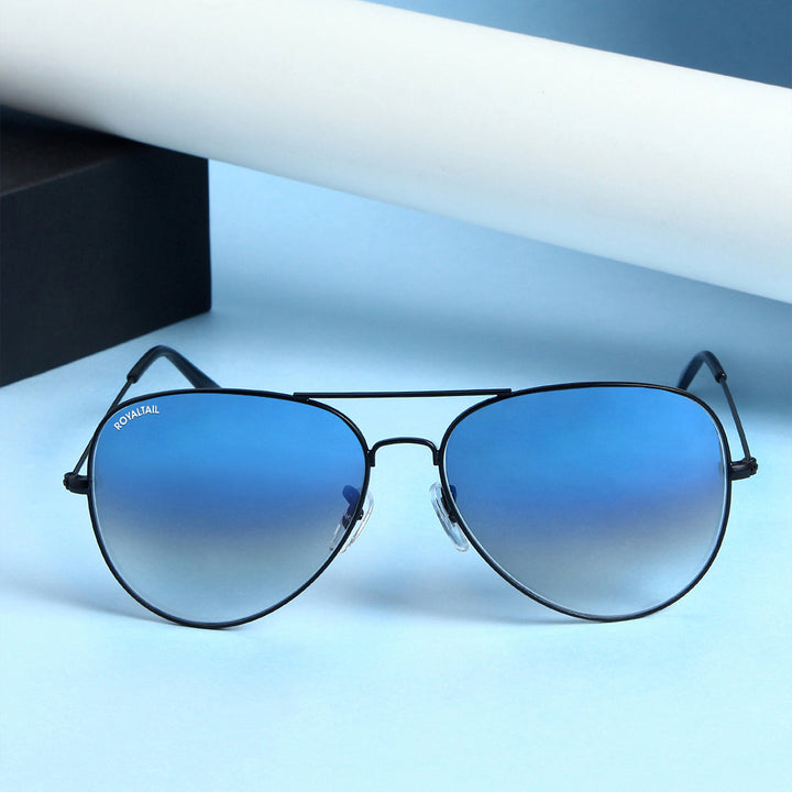 Dark Blue Gradient Glass And Black Frame Aviator Sunglasses For Men And Women