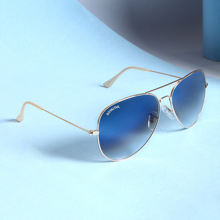 Light Blue Gradient Glass And Golden Frame Aviator Sunglasses For Men And Women