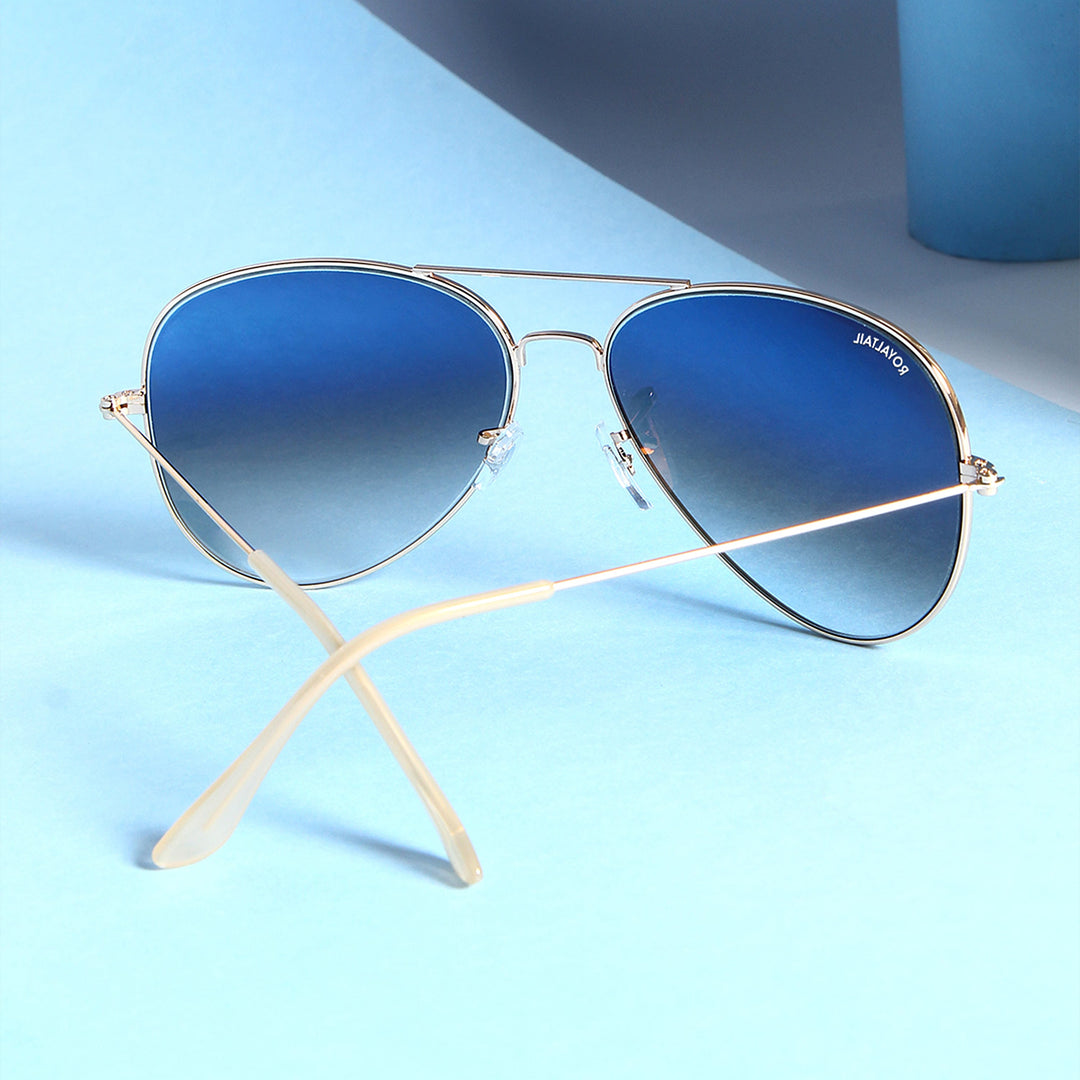 Light Blue Gradient Glass And Golden Frame Aviator Sunglasses For Men And Women