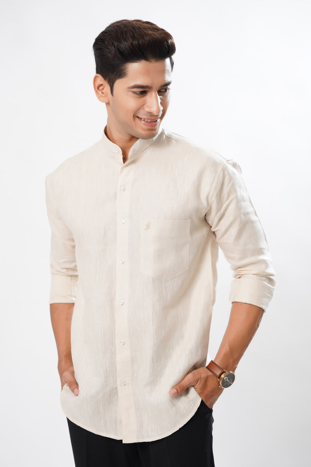 Cream Luxurious Mandarin Collar Linen Shirt