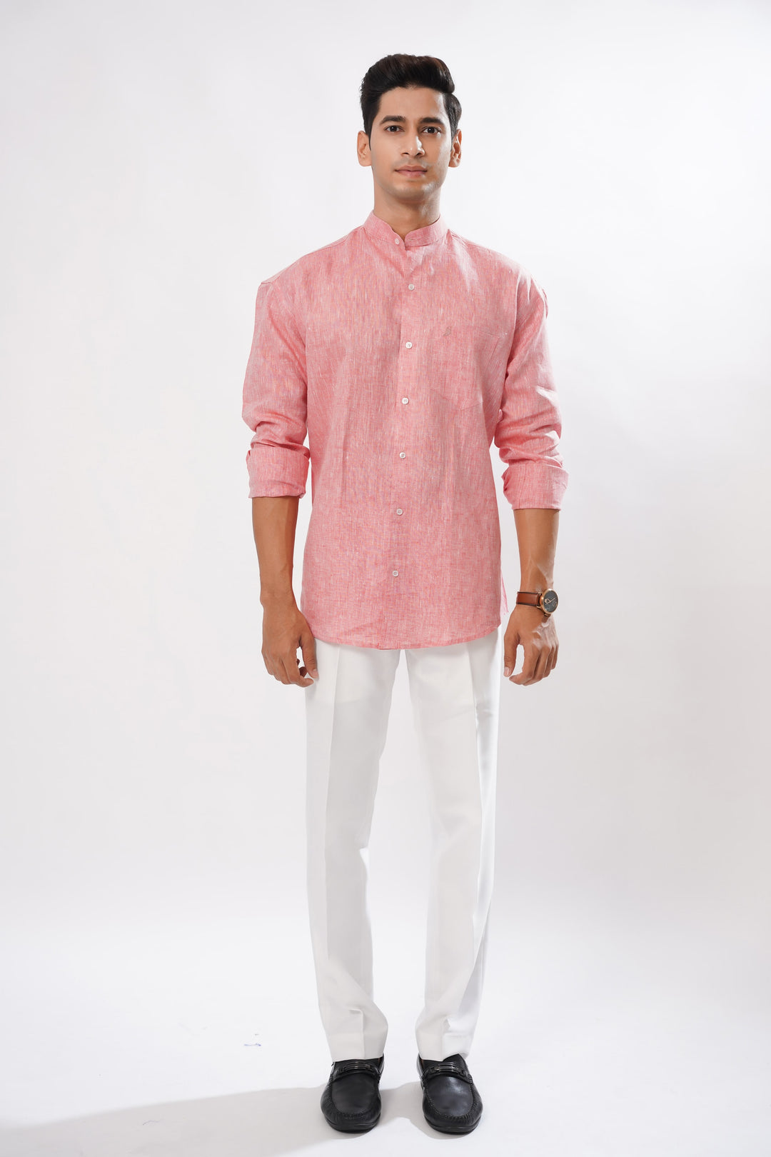 Currant Red Luxurious Mandarin Collar Linen Shirt