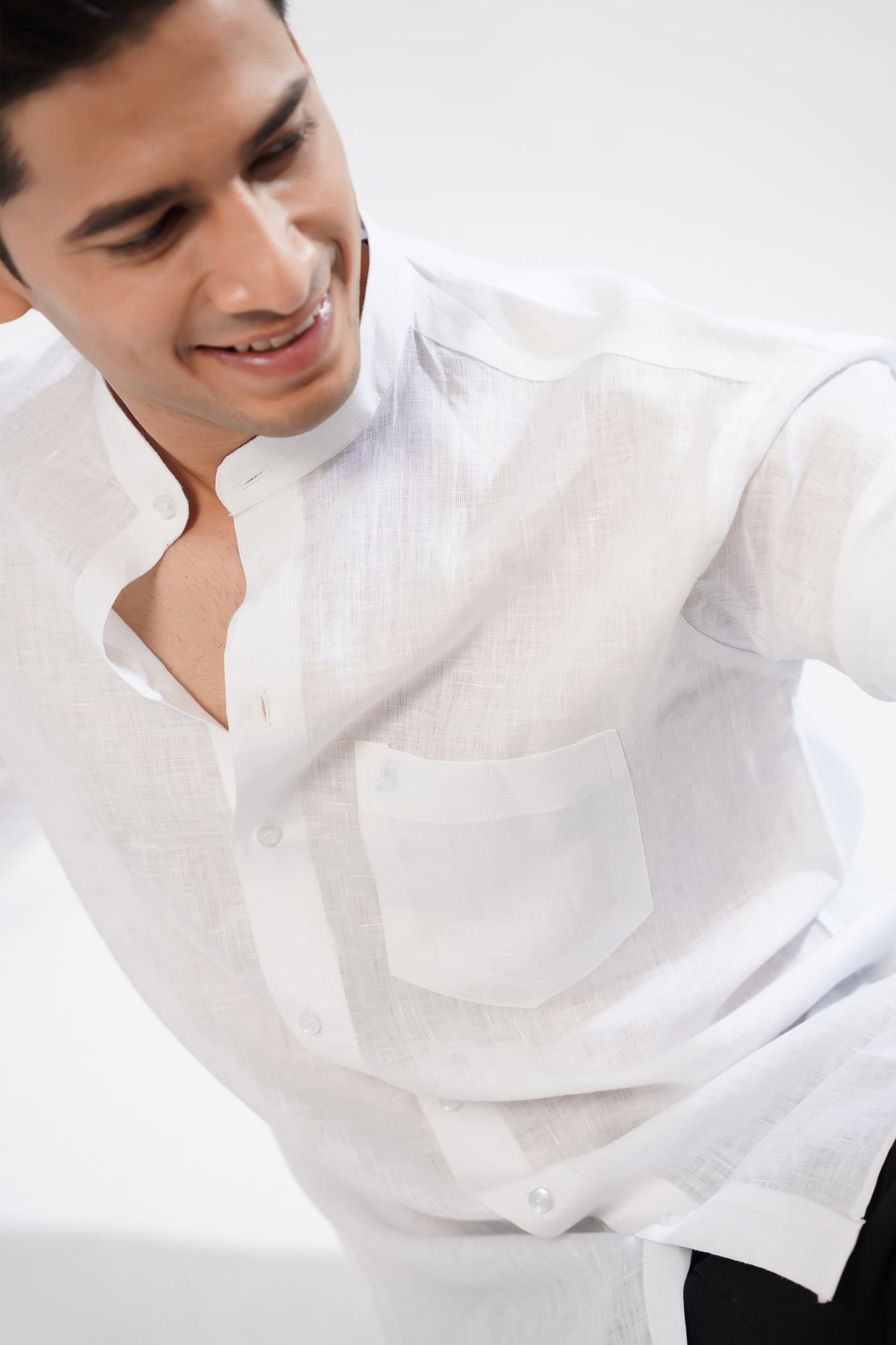 BRIGHT WHITE LUXURIOUS MANDARIN COLLAR LINEN SHIRT
