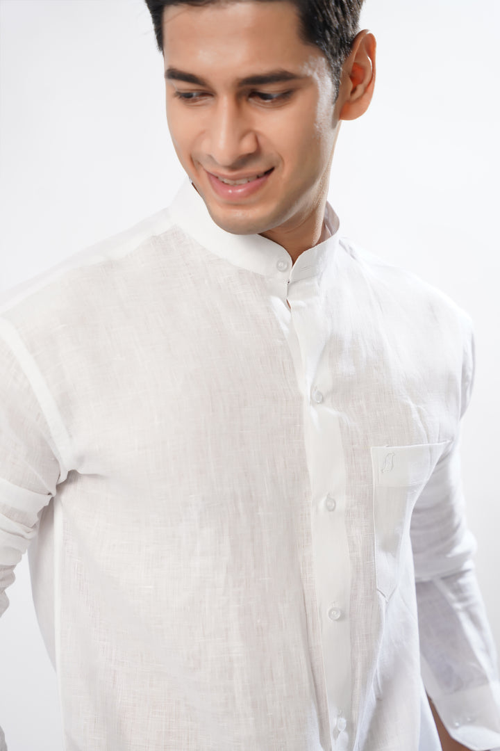 Bright White Luxurious Mandarin Collar Linen Shirt