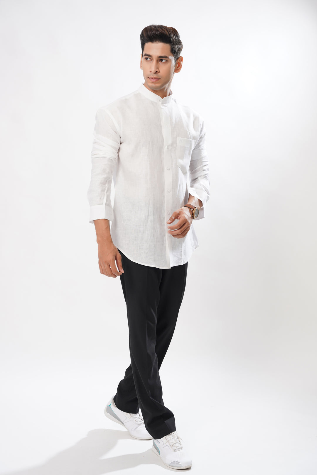 Bright White Luxurious Mandarin Collar Linen Shirt