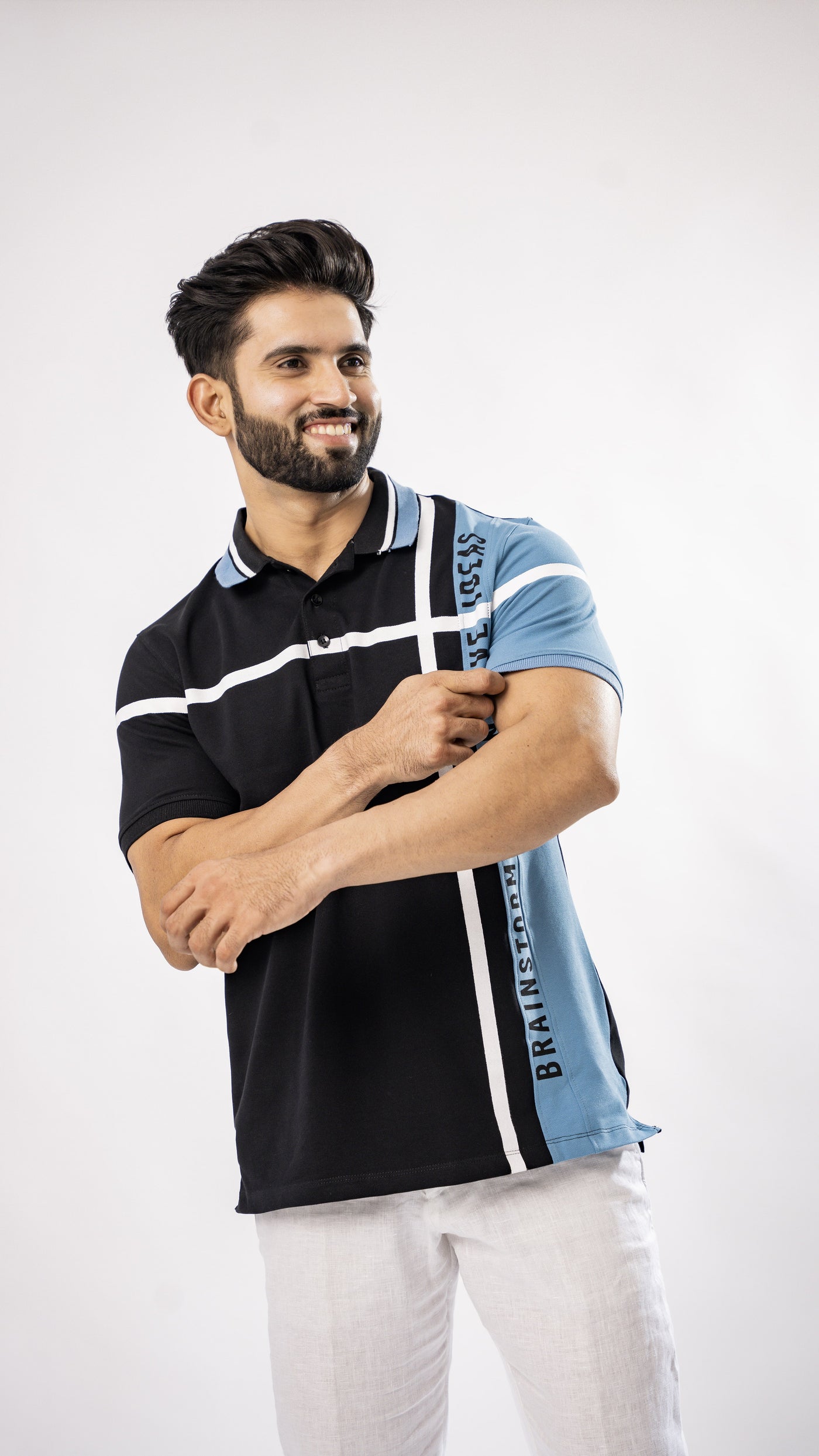 BLUE AND BLACK STRIPED ORGANIC COTTON MERCERISED PIQUE POLO TEE - Royaltail