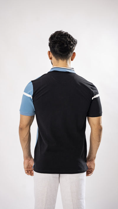 BLUE AND BLACK STRIPED ORGANIC COTTON MERCERISED PIQUE POLO TEE - Royaltail